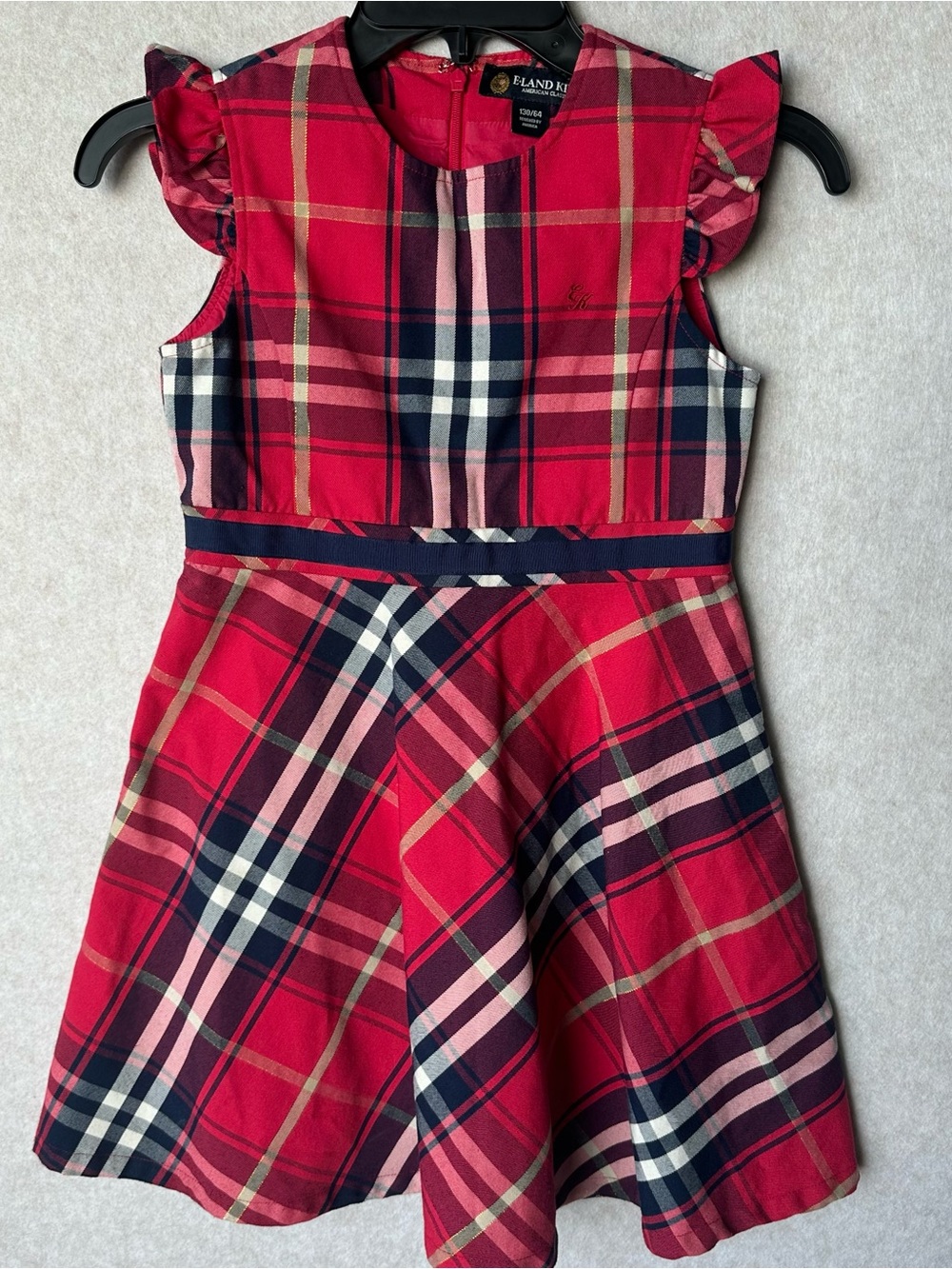 E-Land Girl’s Dress Size 6 US Red Plaid Fit-and-Flare Dress with Navy Trim